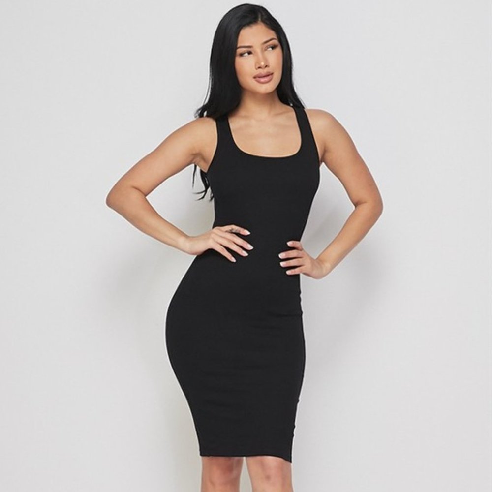Black Ribbed Cotton Fitted Sleeveless Dress